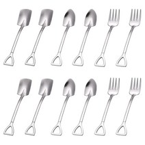 12피스 15.2cm(6인치) 디저트 스푼 세트 스테인리스 스틸 삽 모양의 긴 손잡이 스푼 포크 세트 아이스크림 과일 수박 커피 스푼 애프터눈 티 젓는 도구