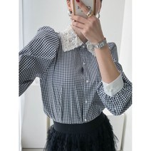 2color 얇은 스몰 깅엄체크 비즈카라 퍼프숄더 블라우스 하객블라우스 봄 포인트 디테일