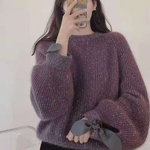 빅사이즈원피스 77 88 99 4XL-5XL 가을 겨울 캐주얼 루즈 스웨터 여성 밍크 레이스 업 보우 긴 소매 풀오버 스웨터 솔리드 -넥 아웃웨어 플러스 사이즈