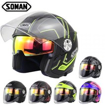 오토바이 헬멧 배달 레트로 어반 멜론 루비 경량 오픈 SOMAN 더블렌즈 하프 ECE 표준 519, S, 벙어리블랙