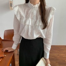[네쥬] 여성 봄 가을 하프넥 프릴 레이스 긴팔 면 블라우스