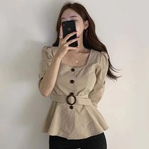[흔훤국제] 스퀘어넥 벨트 블라우스