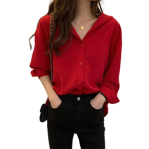 꽃소담 여자 봄가을 카라 루즈핏 쉬폰 긴팔 블라우스 래드 셔츠 QQA1988