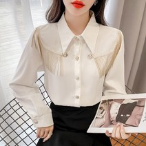 유명연예인 흰색블라우스 여성 면접 오피스 졸업 증명 사진 룩 쉬폰 셔츠 캐주얼 공단 드롭장식