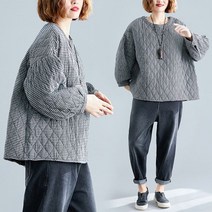 중여성 엄마옷 50대 0 체크 무늬 풀오버 코튼 외투 여성 오버핏 패딩 라운드넥 겉옷 따뜻한 자켓00