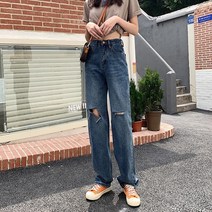2022 신형 스트레이트 구멍 청바지 하이웨이스트 슬랙스 통바지