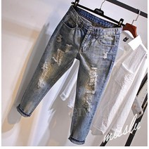 [PINK LITCHI]여성 9부 청바지 찢어진 청바지 여름 LTT0113