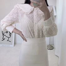 봄 러블리 빅카라 퍼플 아이보리 진주 단추 프릴 깃털 블라우스