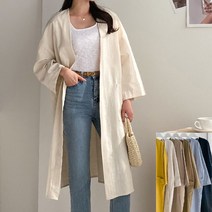 [프롬제니] 빅사이즈 가능 필레토 노카라 린넨 롱 자켓 여름 마자켓 루즈핏 오버핏 가디건 마재킷 하프 롱롱 베이지색 아우터 여성 긴팔 여자 리넨 재킷 77 88사이즈