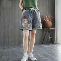 여성 반바지 데님 린넨 숏팬츠 와이드 카고 2023 여름 얇은 새로운 빈티지 디 스트레스 드 하이 웨이스트 패치 자수 플러스 사이즈 느슨한 레그 팬츠