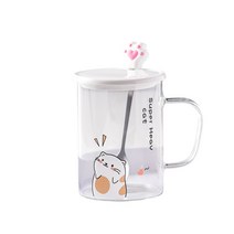 ANKRIC 머그잔 높은 붕규산 유리 창조적 인 만화 머그잔 뚜껑 숟가락 집 투명 컵 커피 컵 머그컵, 하트고양이 쓰리피스 컬러박스룩