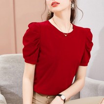 반팔 티셔츠 여 여름 여성복 무지 반팔 티셔츠 셔링 퍼프소매 느낌 상의