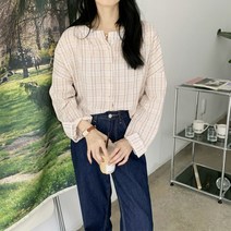 [시크블랙]리클라 체크 라운드 블라우스 노카라블라우스 여성블라우스 데일리룩 캐주얼룩 캠퍼스룩 봄블라우스 여름블라우스