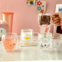 젊은이마켓 홈카페 캐릭터 내열 유리컵 커피잔 에이드잔 4type, 라미나 이중머그(곰)