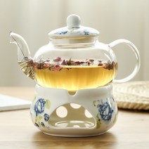 북유럽 유리 티포트 티워머 세트, 파란장미(냄비+좌석)