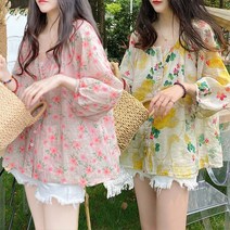 여자 린넨 7부 티셔츠 면마 인형 셔츠 잔꽃 블라우스 루즈핏 경량 빅사이즈 여름