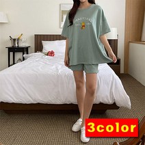 오브치치 루즈핏 홈웨어 푸우 자수 포인트 여성 트레이닝복 세트 반팔 반바지세트 트레이닝세트