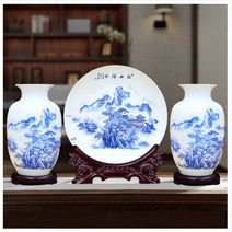 동양풍 장식접시 산수화 말그림 생활풍수 금전운 도자기 화병세트, 산속풍경 3종세트