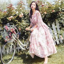 여름 비치 보헤미안 원피스 칠부 소매 달콤한 분위기 쉬폰 프린트 -99523
