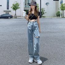 CH 하이 허리 청바지 여성 여름 얇은 스트레이트 루즈 스키니 봄 2021 새로운 교수형 랩 다리 바지