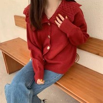 봄가을 새해 레드 플랫카라 스웨터 코트 겨울 두꺼운 클래식 박시니트가디건 상의 외