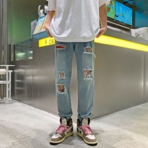 미국식 낡은 구멍 청바지 만들기 남자 여름 헐렁헐렁 고가 비비풍 바지 조판 ins 스트레이트 거지 바지