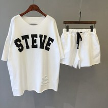 스타일아유 여자 찢어진 오버핏 반팔 티셔츠 와이드 밴딩 반바지 트레이닝 세트 홈웨어 운동복 추리닝 편안한 데일리룩
