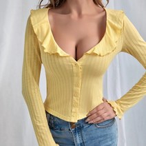 넥 프릴 블라우스 여성 탑 솔리드 컬러 넥 긴 소매 로우 컷 싱글 브레스트 블라우스
