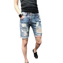 남성 청반바지 여름 코디 캐주얼 스트레이트통 찢김 반바지 뉴타임즈 C16 Q246Z286