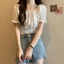 [예쁨시전] 밴딩 스퀘어넥 오프숄더 퍼프 크롭 반팔 티셔츠