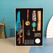 깃털 만년필 선물 세트 캘리그라피 골동품 딥 펜 잉크 왁스 씰링 스탬프 키트 글자 작가 필기 인감, [18] DGreen