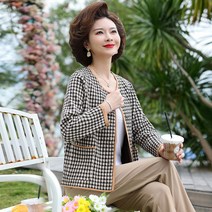 중년여성자켓 노카라 캐주얼 간절기 60대 50대외투 봄 얇은 니트 가디건 중년 여성 서양식 격자 무늬 체크