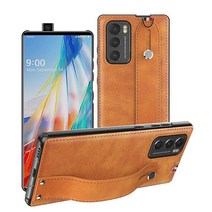 Fol uu LG 윙 5G 케이스 2020용 슬림하고 가벼움 PU 가죽 백 커버 지원 회전 모드 하드 PC 홀더 핸드 스트랩 보호 폰 6.8인치 블랙, Yellow