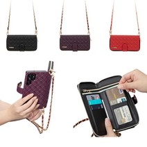 갤럭시 퀀텀2 케이스 A826 가죽 유스타 패턴 유광 카드 지갑 지퍼 자석 커버 (크로스 체인 목걸이 목줄 포함)