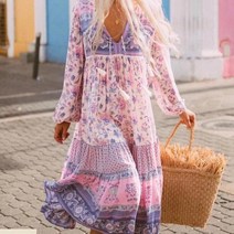 휴일 여름 드레스 여성 꽃 프린트 Boho 드레스 여성 레이스 최대 긴 소매 캐주얼 긴 드레스
