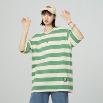 한국 여성 2022 년 봄과 여름 새로운 줄무늬 반팔 티셔츠 애호가 둥근 목 느슨한 bf 바람 바다 소울 셔츠 q