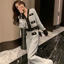 꽃소담 여자 봄가을 트위드 바지 상하세트 투피스 QQA2893