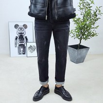S~2XL 남자 두꺼운 기모 스판 속밴딩 흑청 슬림 일자 블랙진 청바지