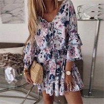 휴양지 비치 원피스 여름 Boho 꽃 미니 드레스 여성 휴가 V 목 새시 프릴 플레어 슬리브 파티 빈티지 우아한 Vestidos