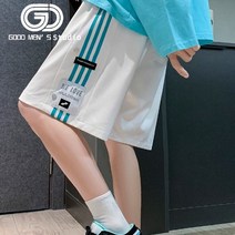 여름 새로운 스트라이프 라벨 버튼 장식 반바지 느슨한 캐주얼 편안한 반바지 성격 잘 생긴 스트레이트 스웨트 팬츠
