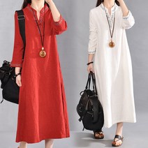 빅 사이즈 면 마 원피스 여성 봄가을 자수 긴팔 린넨 롱 스커트 M~2XL