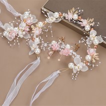 플라워 브라이덜샤워 매력 우아한 파티 조화꽃 신부 언약식 촬영 머리 여성 웨딩사진 화관, 핑크화환+손목꽃+귀걸이(귀걸이 없음)