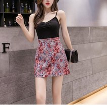티피/Teepie 꽃 무늬 반소매 치마 와일드 슬림 쉬폰 주름 치마