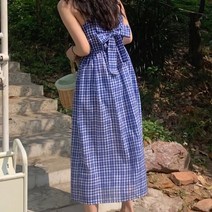 디작소 여성 여름 뒷리본 체크 나시 원피스 드레스