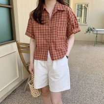 봄 여름 여성 반팔 셔츠 지지미 체크남방 세미 크롭 블라우스 아사면