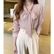 banhany 땡땡이 도트 브이넥 리본 타이 그레이핑크 긴팔 블라우스 빅사이즈