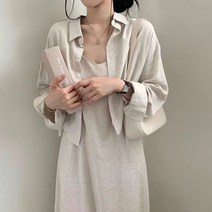 데일리 린넨 셔츠 끈나시 원피스 투피스 빈티지 봄여름 캐주얼 블라우스 세트
