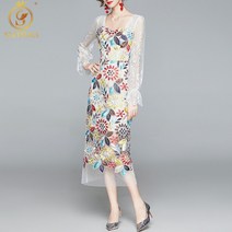 여성 원피스 2022 새로운 패션 활주로 봄 드레스 여성의 레이스 플레어 슬리브 빈티지 기질 메쉬 자수 꽃