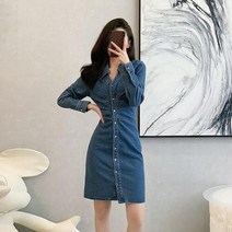 여성치마 빈티지 체크 브이넥 데님 스커트 가을 코디 원피스