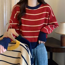 여성 데일리 패션 줄무늬 단가라 라운드 니트 티셔츠